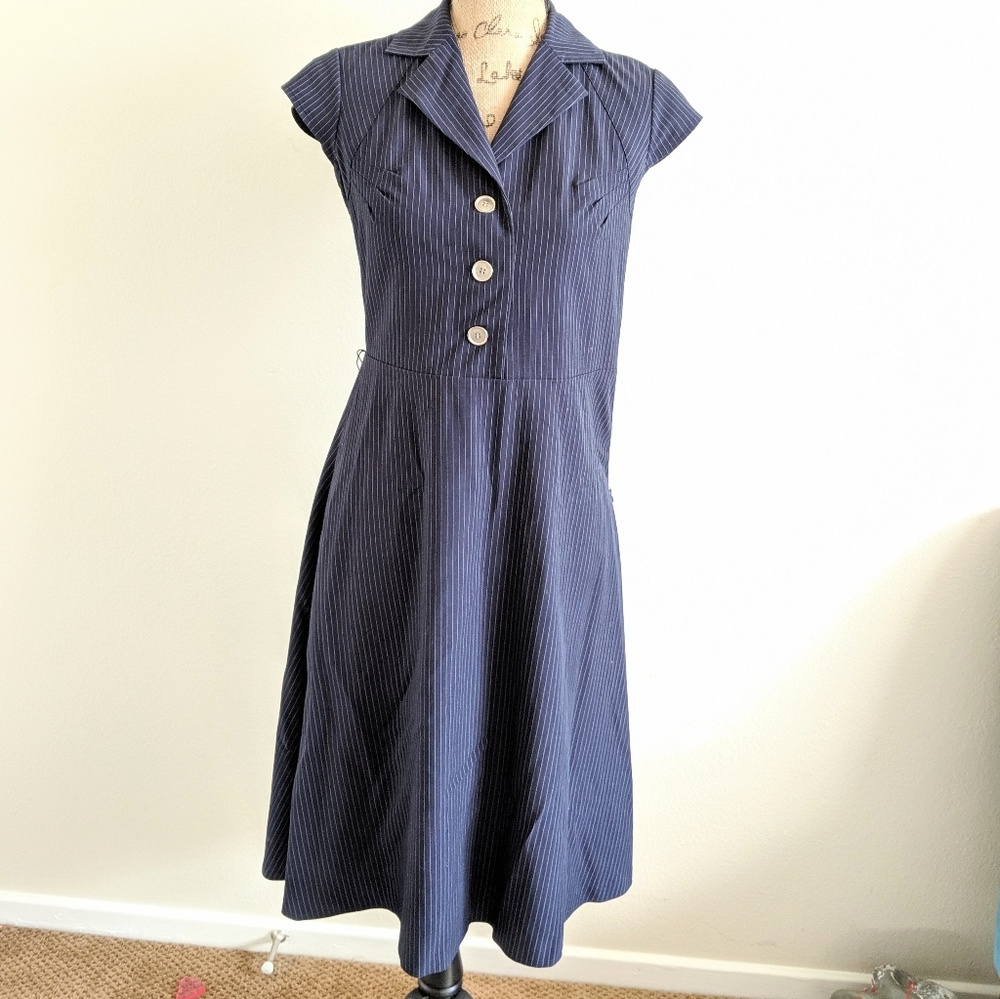 EUC Vintage Calvin Klein Navy Pinstripe Midi Dress - Picture 2 of 8